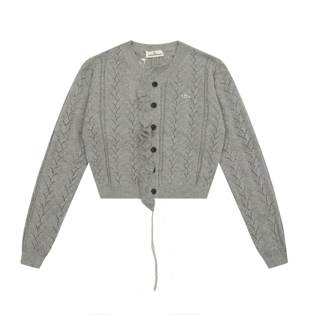 vivienne west wood Vivienne heavy lace classic cardigan knitted sweater wool 2024 autumn latest style 🧩 15% merino cotton wool 85% wool blend 🧩Correct Italian 🇮🇹100% wool washed wheat logo Size: S -M- L Color: black purple gray